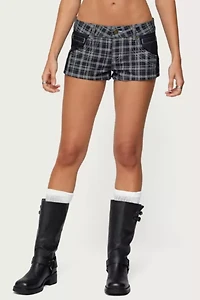 Edikted Carie Plaid Low Rise Denim Shorts