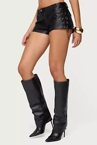 Edikted Kariss Lace Up Faux Leather Micro Shorts