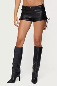 Edikted Kariss Lace Up Faux Leather Micro Shorts