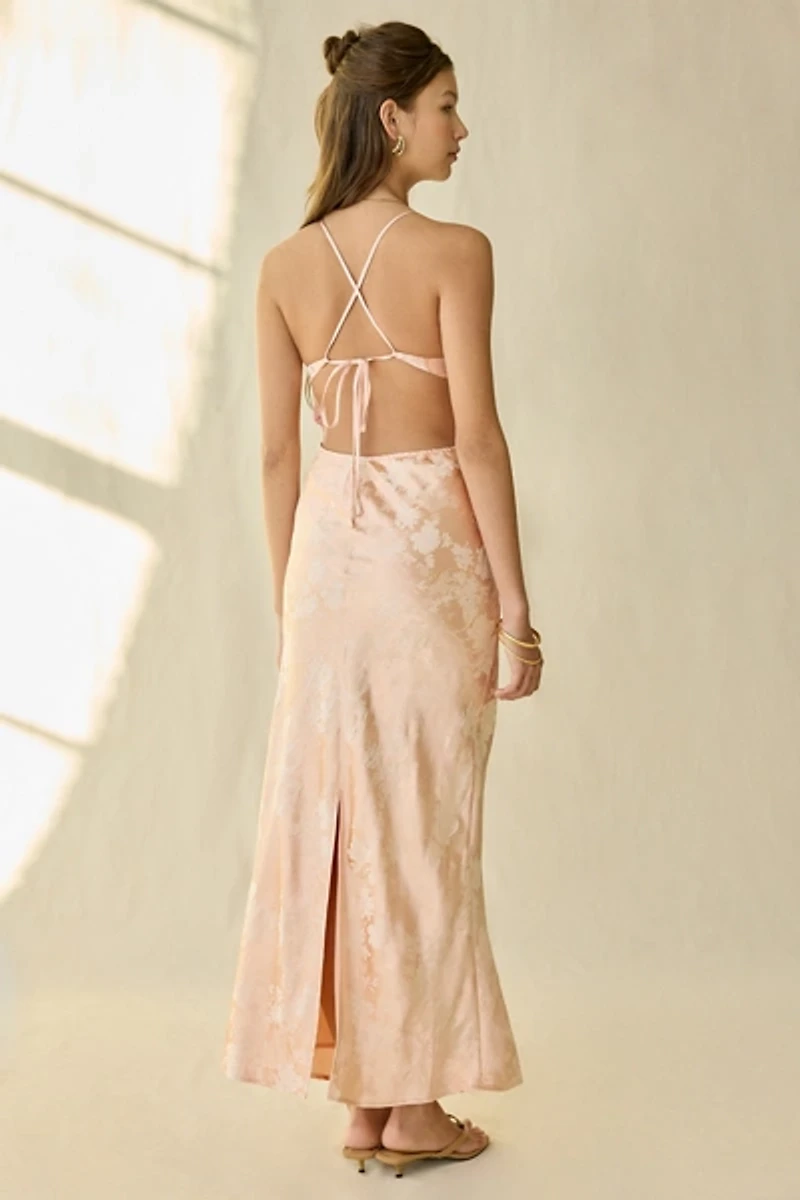 Kiss The Sky Yasmin Satin Jacquard Open-Back Halter Maxi Dress