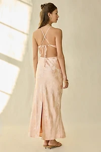 Kiss The Sky Yasmin Satin Jacquard Open-Back Halter Maxi Dress
