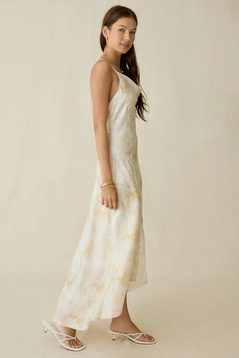 Kiss The Sky Botanical Printed Satin High-Low Maxi Dress