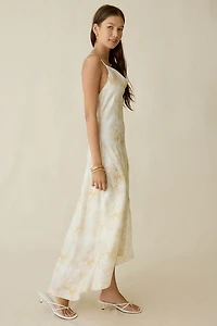 Kiss The Sky Botanical Printed Satin High-Low Maxi Dress