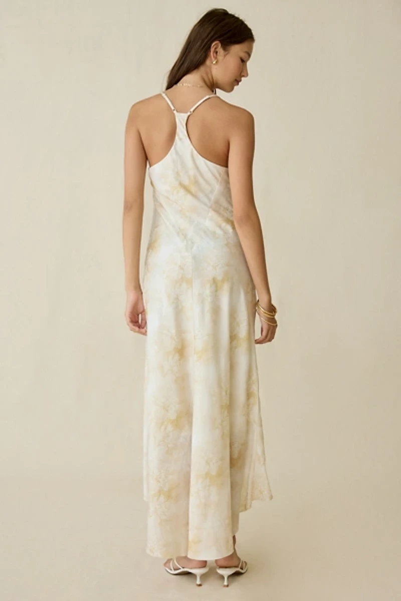 Kiss The Sky Botanical Printed Satin High-Low Maxi Dress