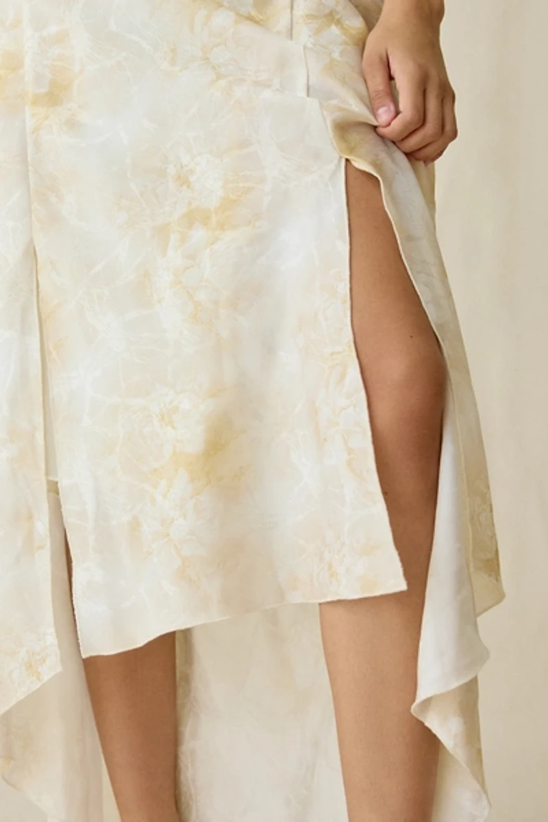 Kiss The Sky Botanical Printed Satin High-Low Maxi Dress