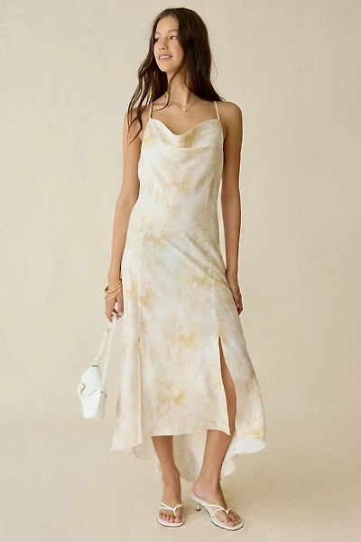 Kiss The Sky Botanical Printed Satin High-Low Maxi Dress