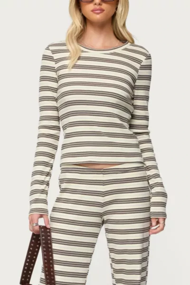 Edikted Avalie Striped Ribbed Long Sleeve T Shirt