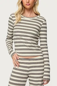 Edikted Avalie Striped Ribbed Long Sleeve T Shirt