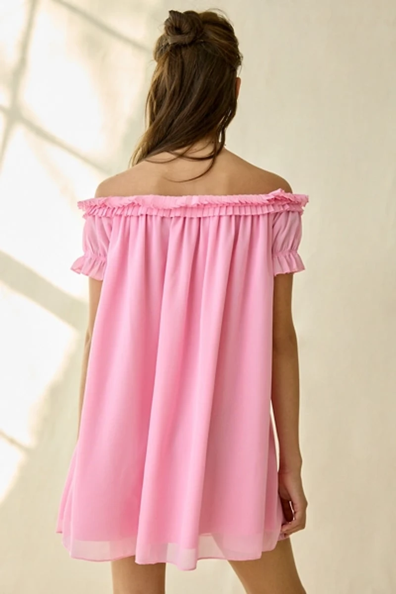 Kiss The Sky Delaney Ruffle Off-The-Shoulder Swing Mini Dress