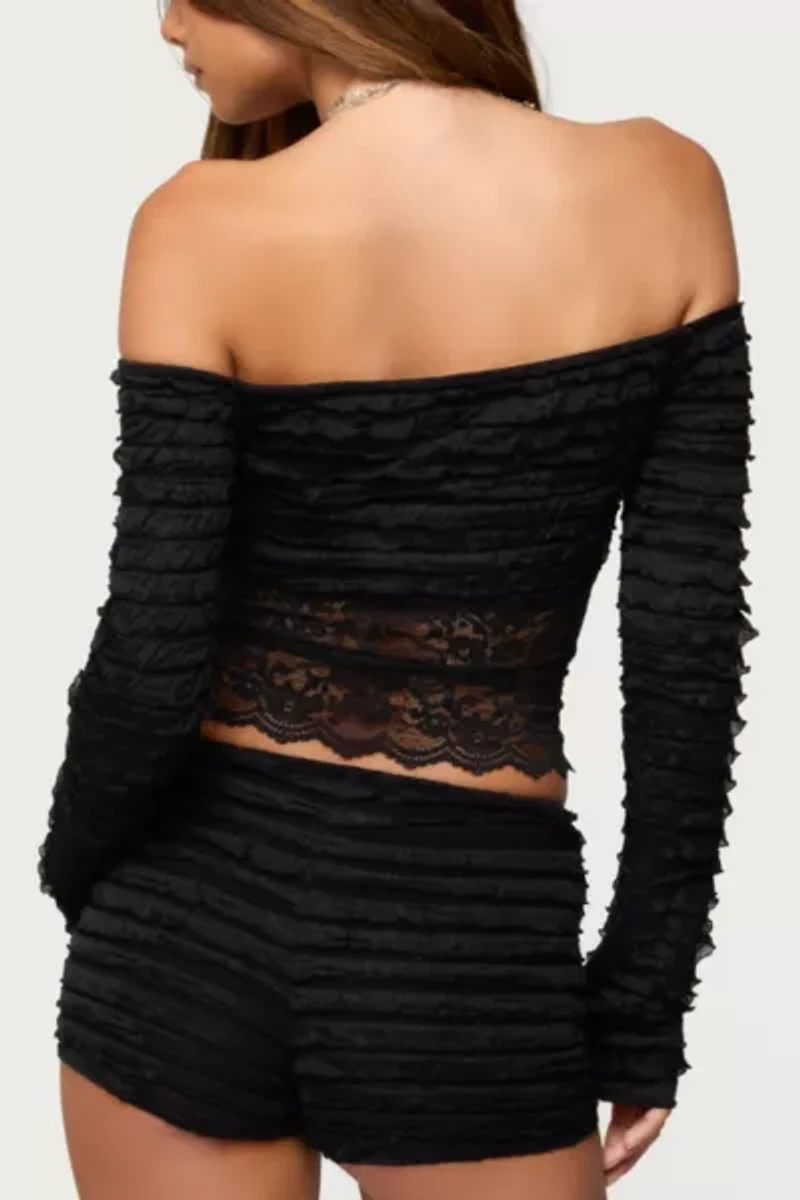 Edikted Tauri Lacey Ruffled Off Shoulder Top