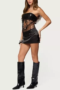 Edikted Sequin Sheer Fringed Strapless Top