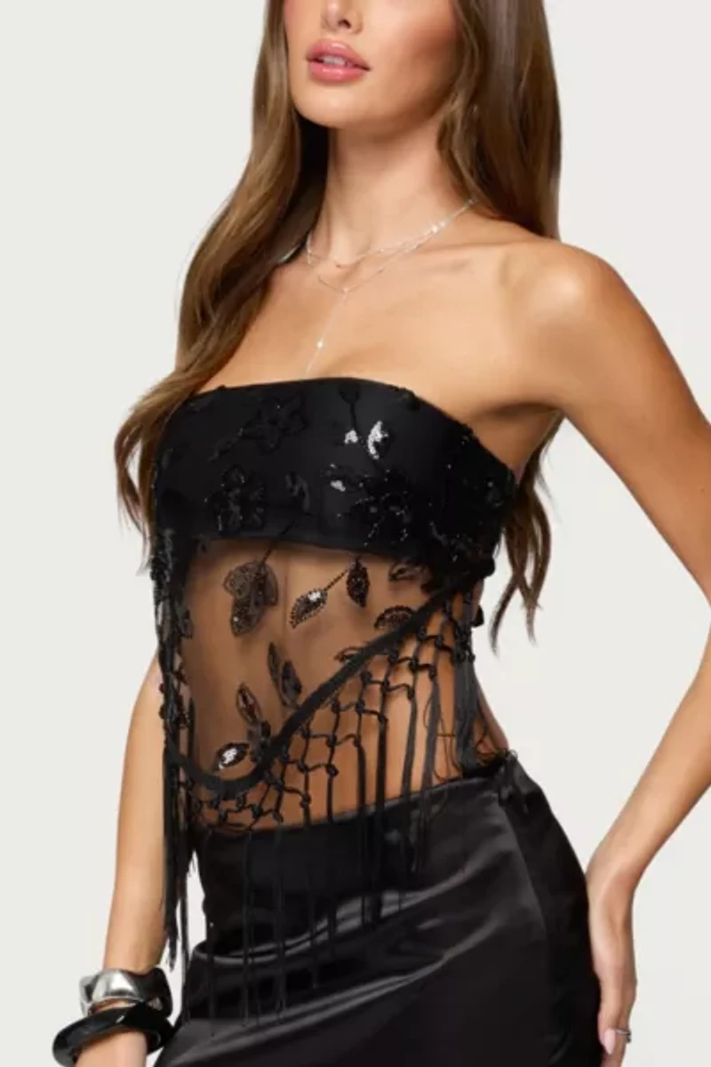 Edikted Sequin Sheer Fringed Strapless Top