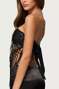 Edikted Sequin Sheer Fringed Strapless Top