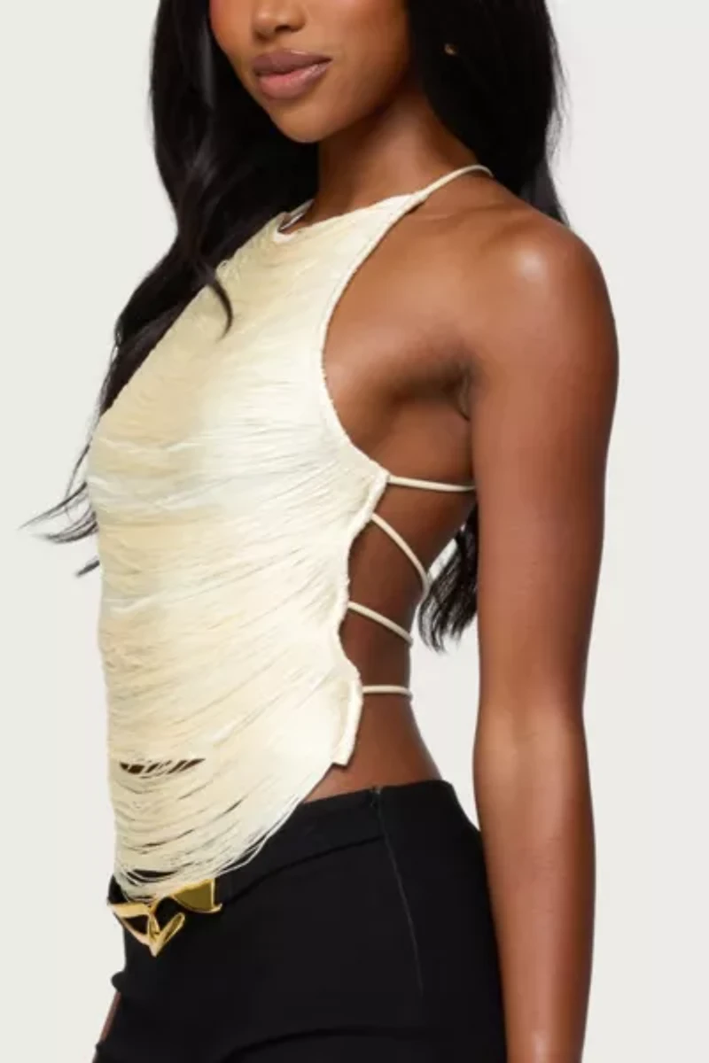 Edikted Kalana Crisscross Backless Fringed Top