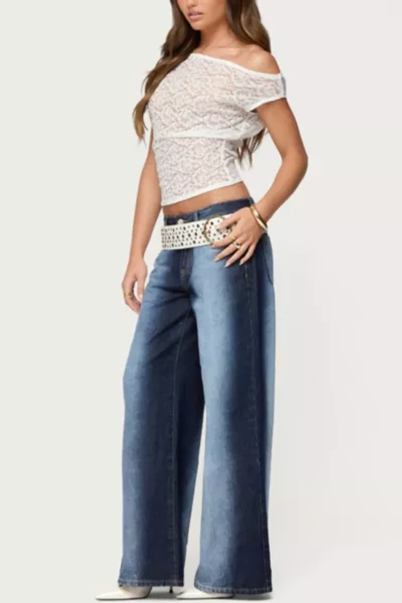 Edikted Kessa Sheer Lace Off Shoulder Top