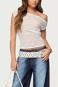 Edikted Kessa Sheer Lace Off Shoulder Top
