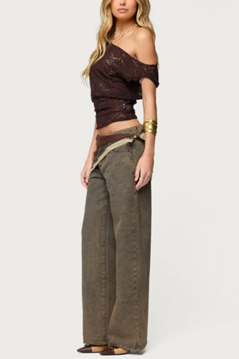 Edikted Kessa Sheer Lace Off Shoulder Top