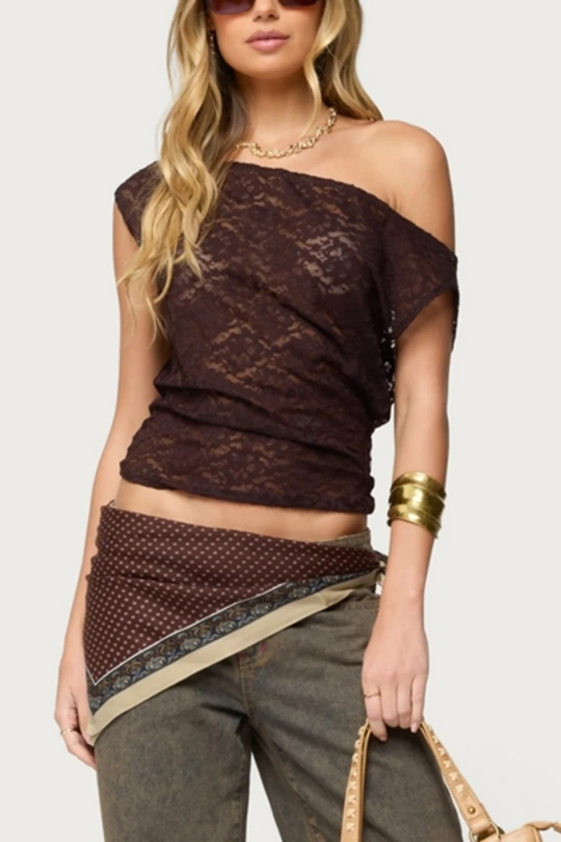 Edikted Kessa Sheer Lace Off Shoulder Top