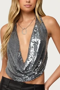 Edikted Sequin Backless Halter Neck Top