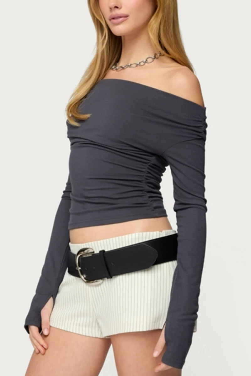 Edikted Milane Ruched Off Shoulder Ribbed Top