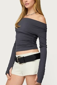 Edikted Milane Ruched Off Shoulder Ribbed Top
