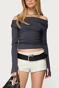 Edikted Milane Ruched Off Shoulder Ribbed Top