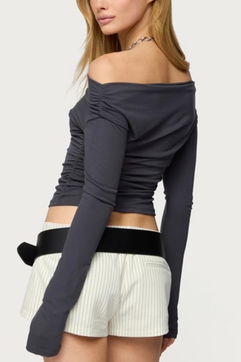 Edikted Milane Ruched Off Shoulder Ribbed Top