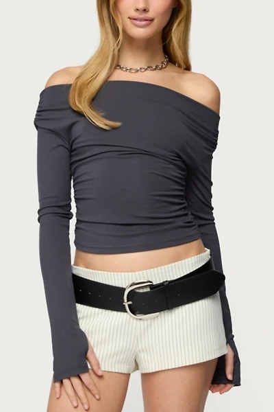 Edikted Milane Ruched Off Shoulder Ribbed Top