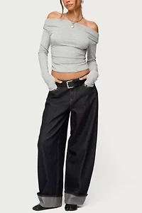 Edikted Milane Ruched Off Shoulder Ribbed Top
