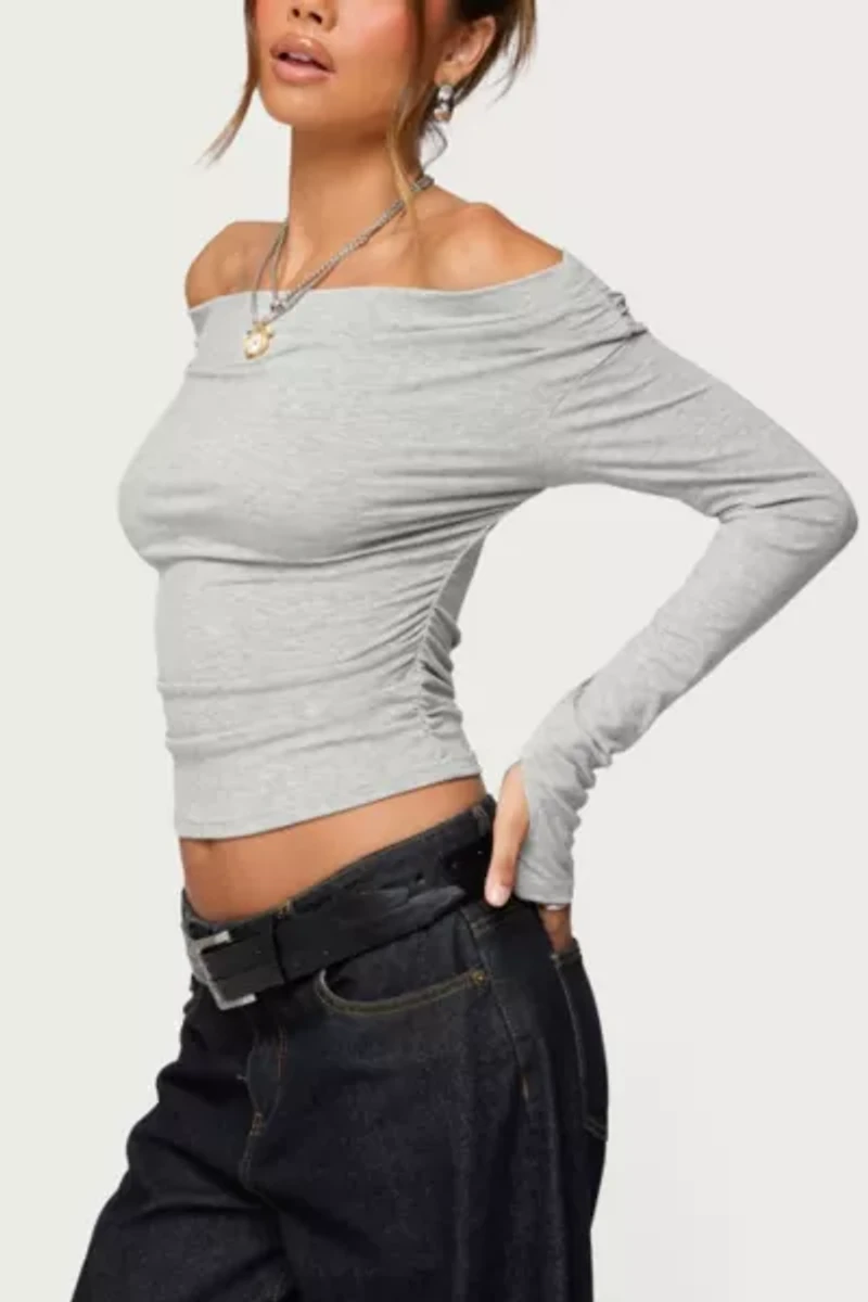 Edikted Milane Ruched Off Shoulder Ribbed Top