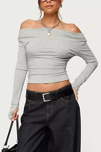 Edikted Milane Ruched Off Shoulder Ribbed Top