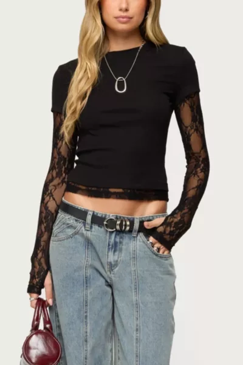 Edikted Layered Lace Sleeve T Shirt