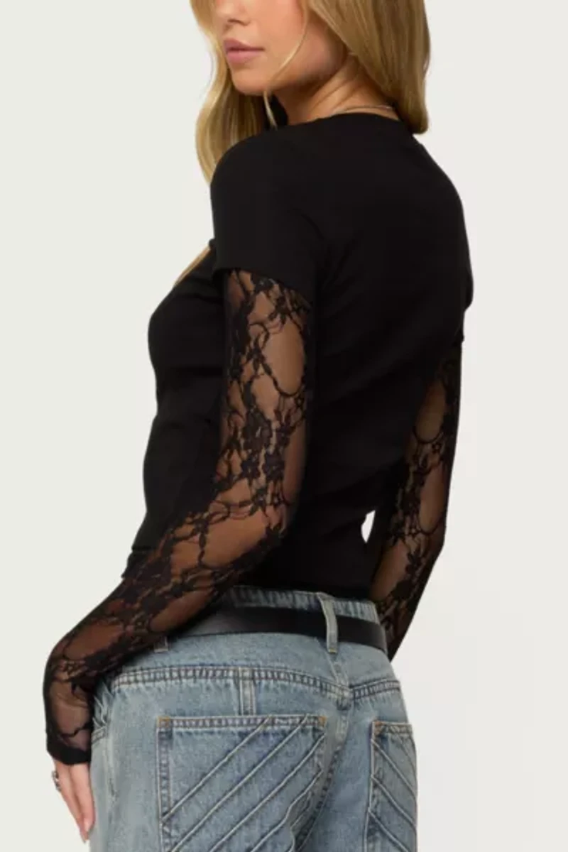 Edikted Layered Lace Sleeve T Shirt