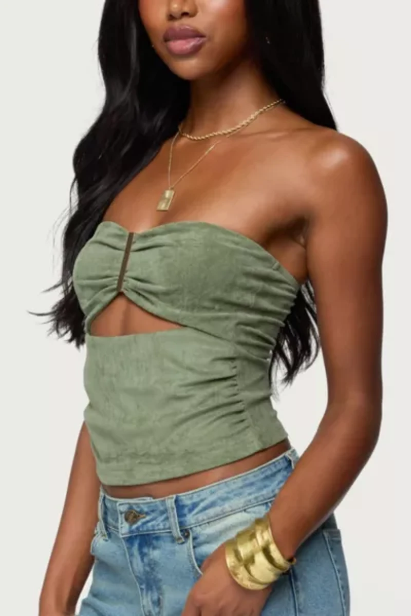Edikted Kalina Cutout Faux Suede Strapless Top