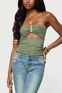 Edikted Kalina Cutout Faux Suede Strapless Top