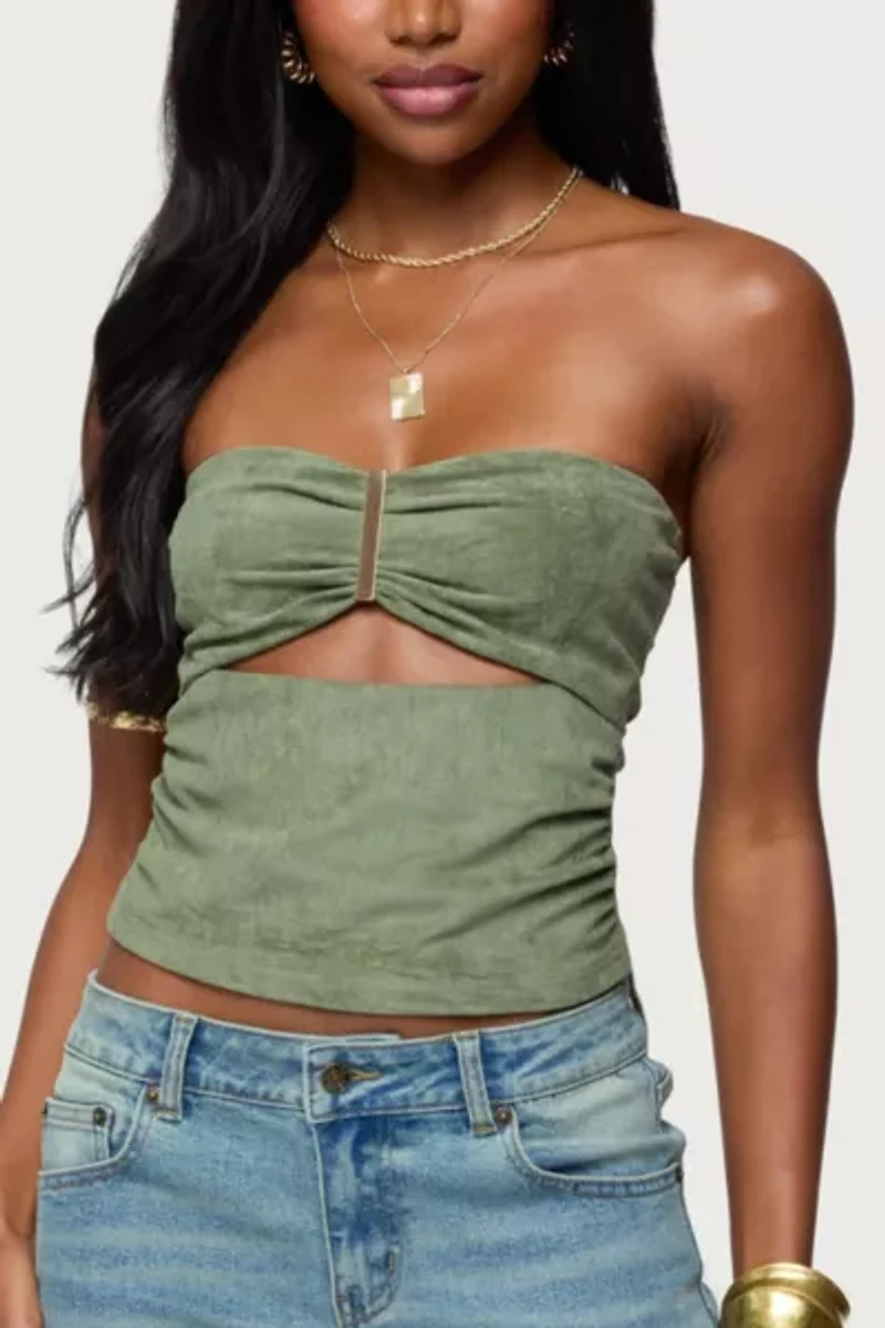 Edikted Kalina Cutout Faux Suede Strapless Top