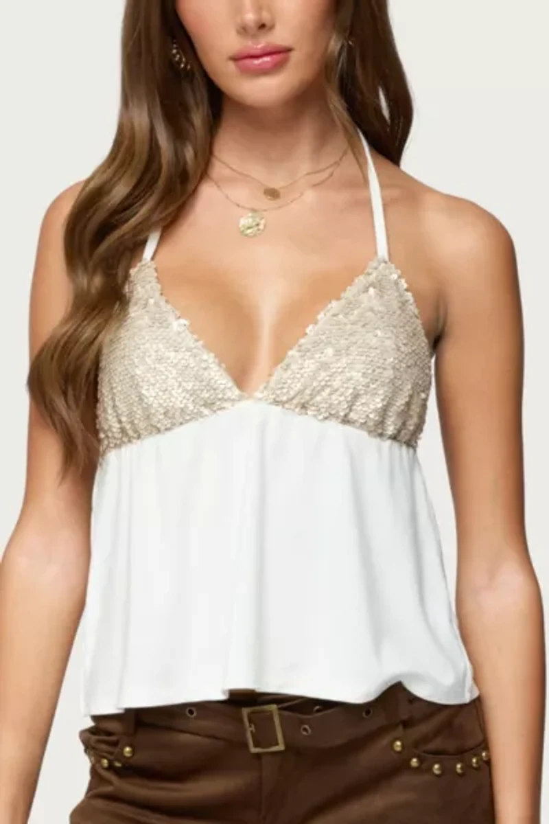 Edikted Hallie Sequin Babydoll Halter Top