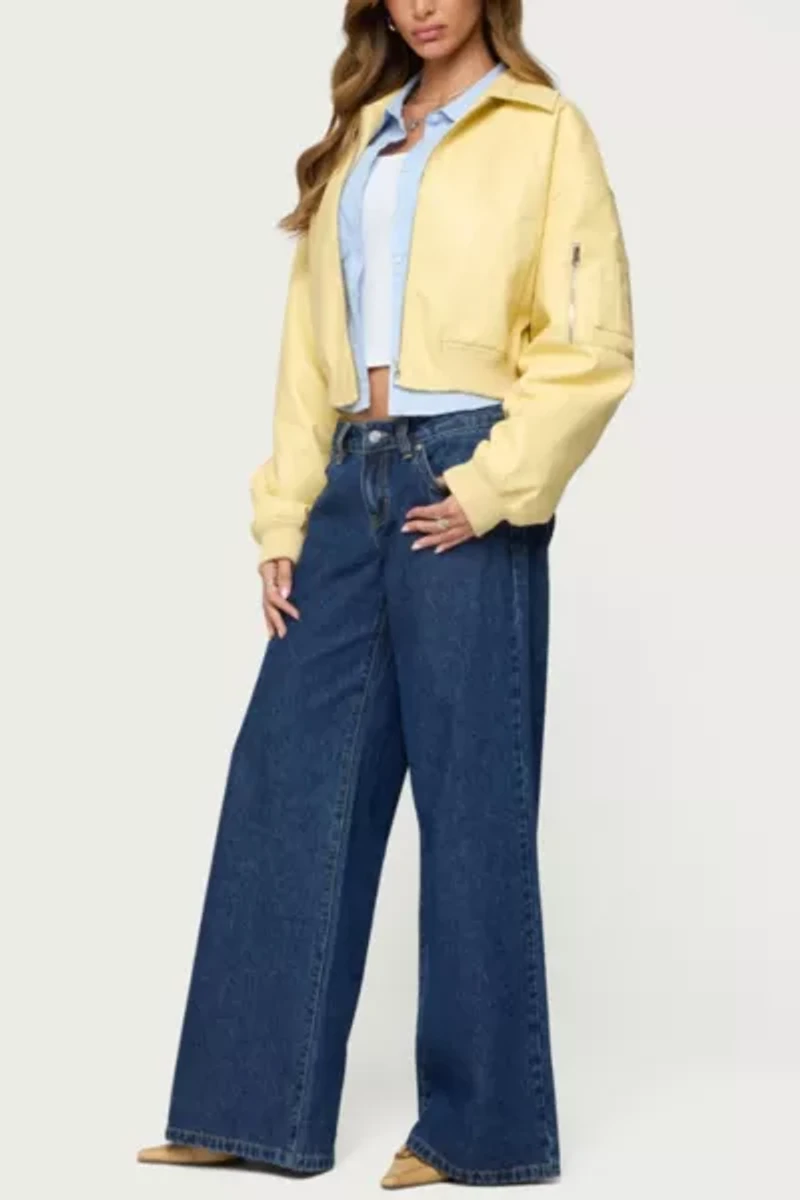 Edikted Zayna Cropped Faux Leather Bomber Jacket