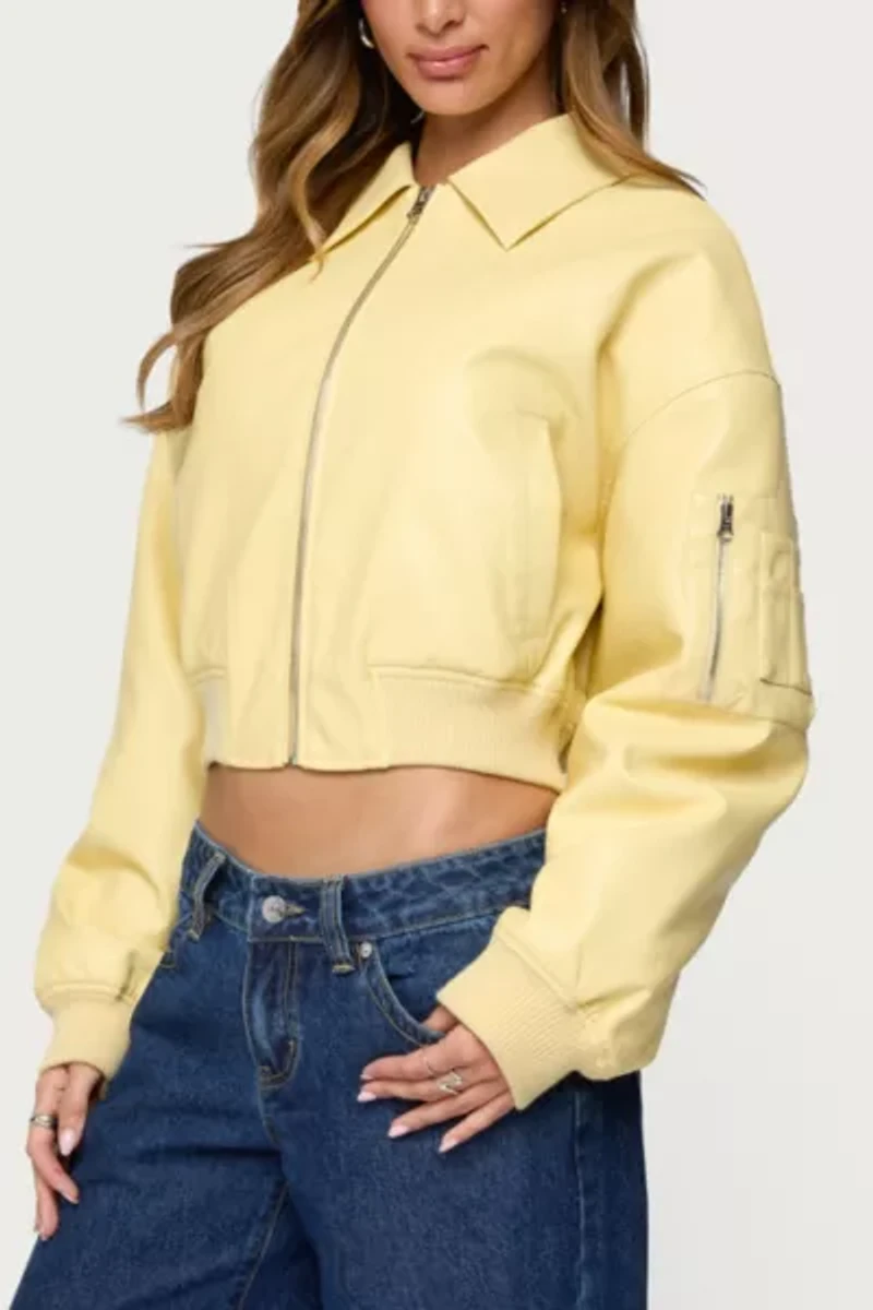 Edikted Zayna Cropped Faux Leather Bomber Jacket