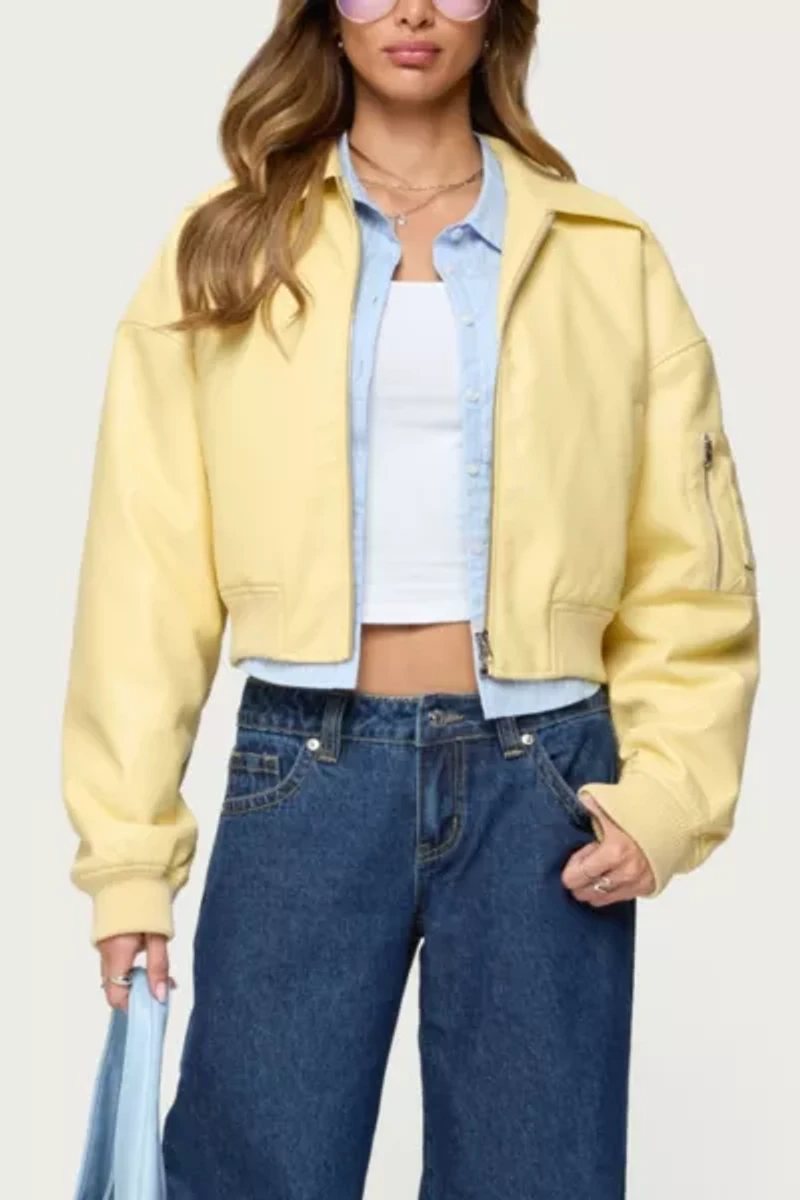 Edikted Zayna Cropped Faux Leather Bomber Jacket