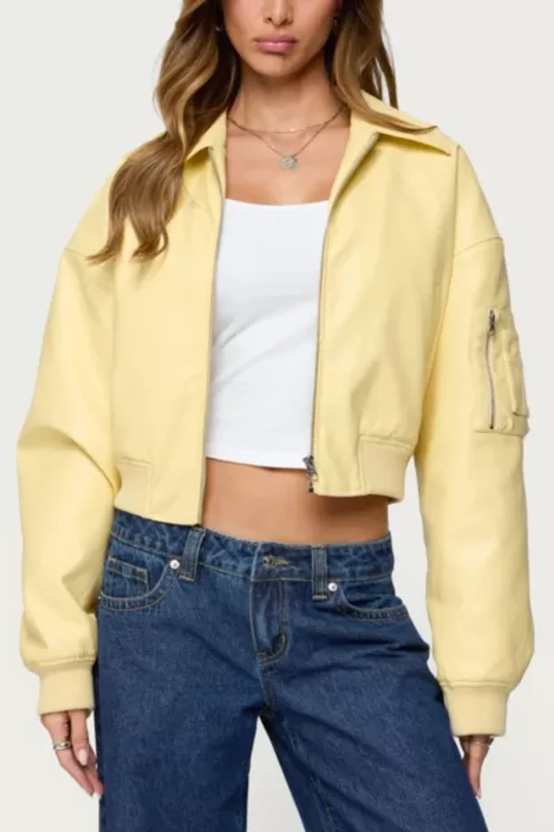 Edikted Zayna Cropped Faux Leather Bomber Jacket