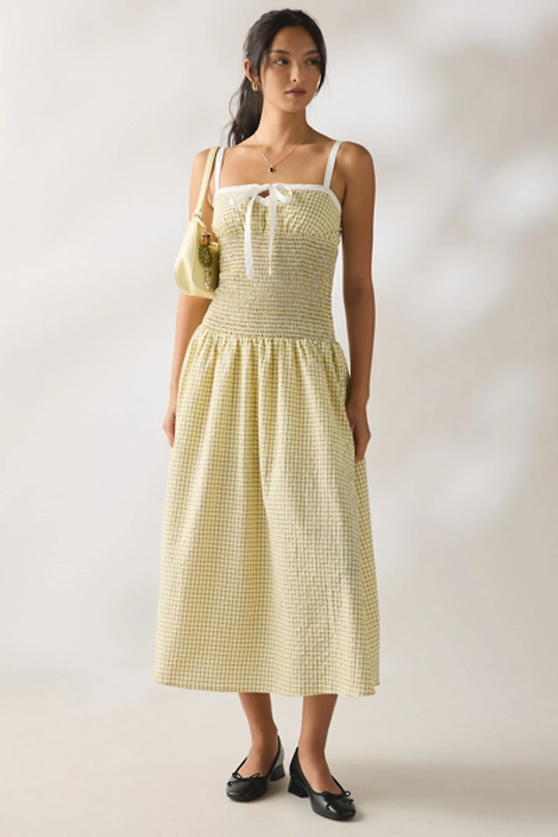 Kiss The Sky Jules Seersucker Shirred Drop Waist Maxi Dress