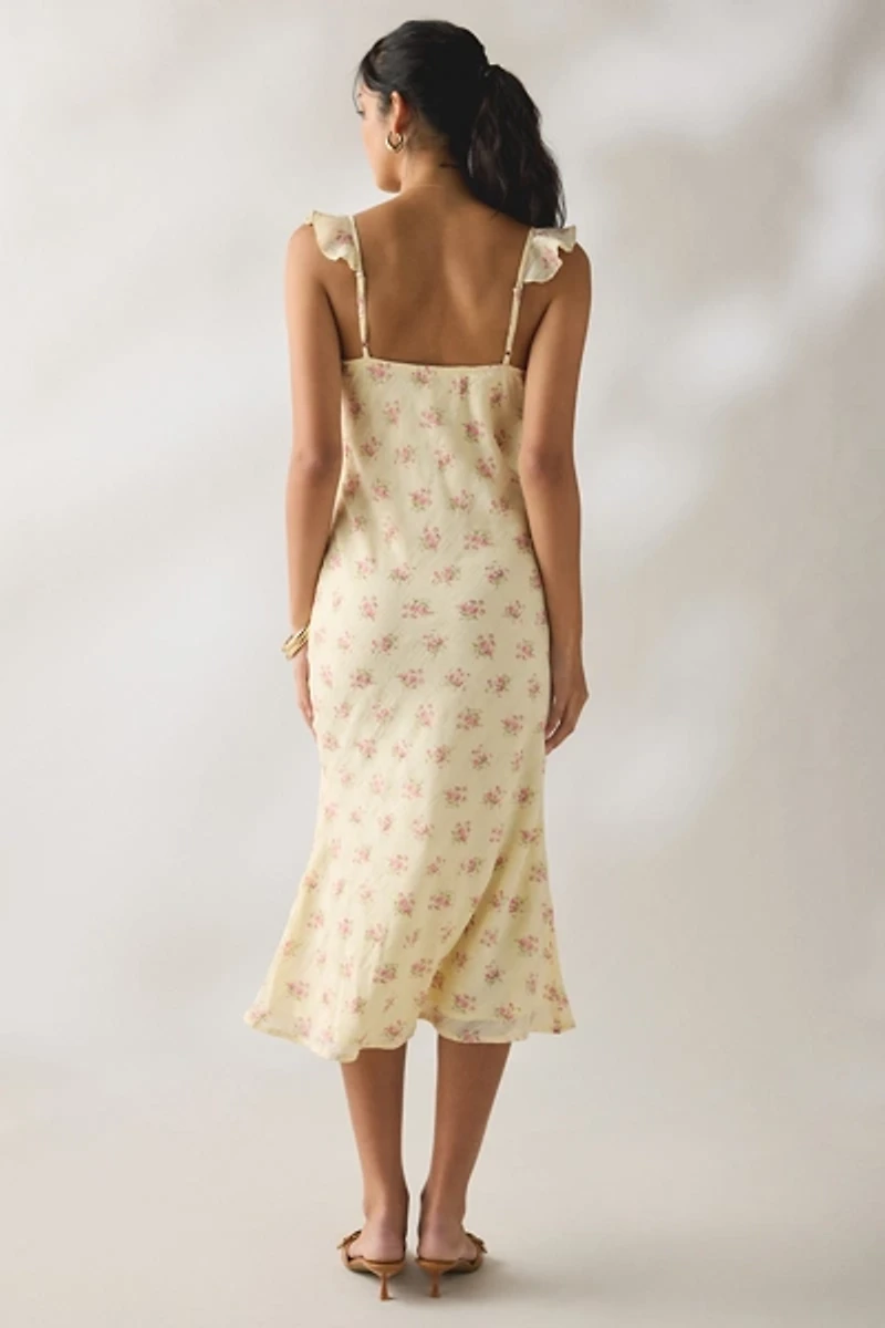 Kiss The Sky Belle Floral Chiffon Ruffle Slip Midi Dress