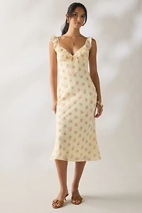 Kiss The Sky Belle Floral Chiffon Ruffle Slip Midi Dress