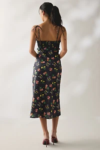 Kiss The Sky Fleurs Ruffle Trim Shirred Midi Dress
