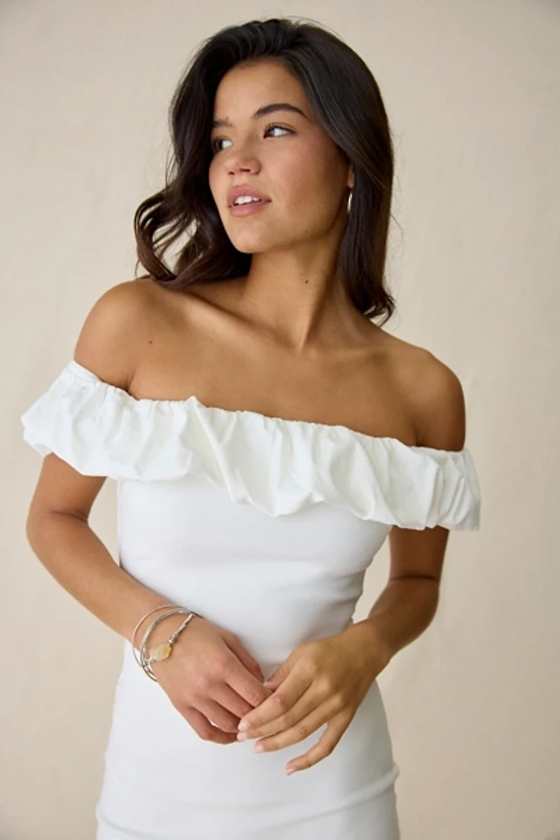 Kiss The Sky Head Clouds Off-The-Shoulder Mini Dress