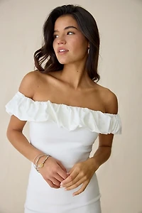 Kiss The Sky Head Clouds Off-The-Shoulder Mini Dress