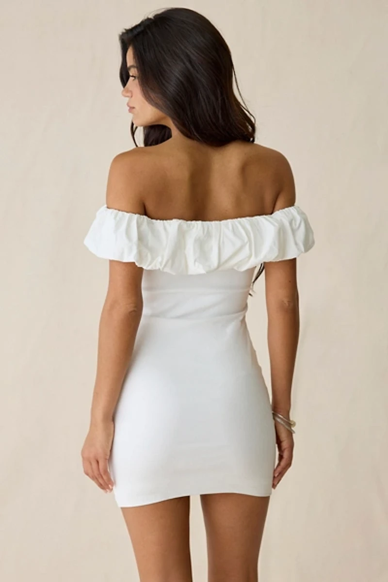 Kiss The Sky Head Clouds Off-The-Shoulder Mini Dress