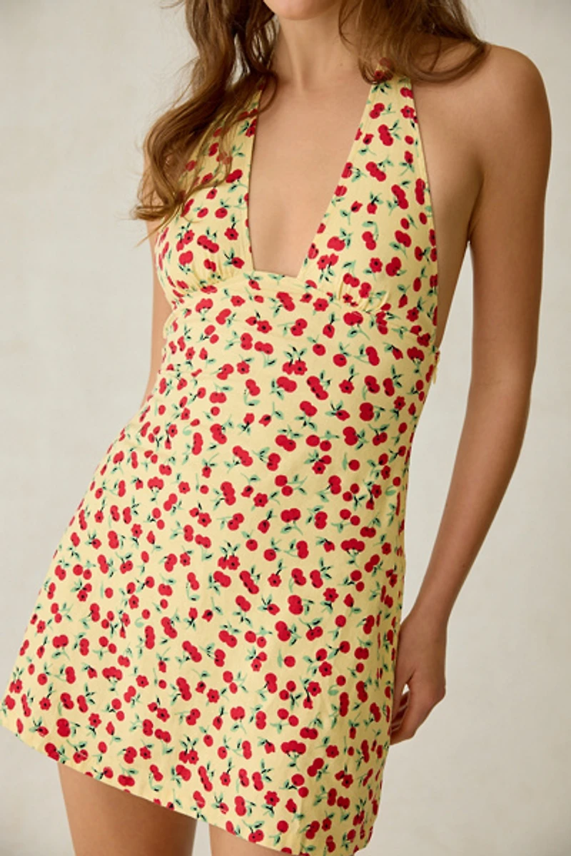 Kimchi Blue Flowerbeds Cherry Land Plunging Halter Mini Dress