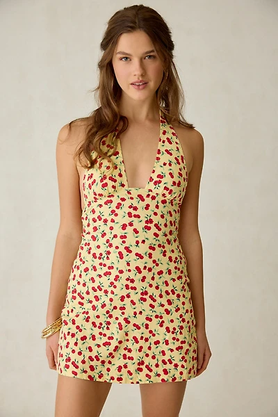 Kimchi Blue Flowerbeds Cherry Land Plunging Halter Mini Dress